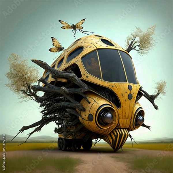 Obraz Pojazd mechaniczny, ilustracja surrealistycznej pszczoły o strukturze mechanicznej. Generatywny AI