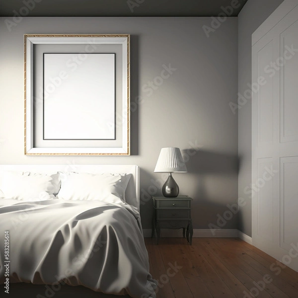 Fototapeta large art frame - picture frame on wall - gold white frame - bedroom style