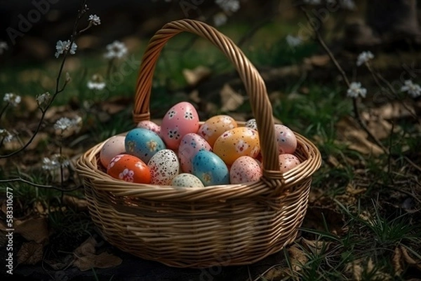 Obraz Ester Basket with Easter Eggs in the Garden