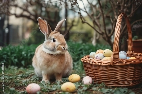 Obraz Ester Bunny Near Basket with Easter Eggs in the Garden