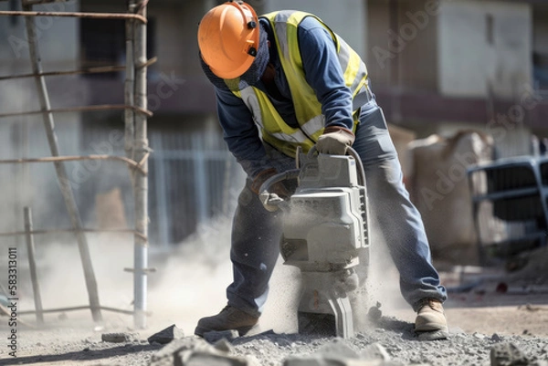 Fototapeta A Construction Worker Using a Jackhammer to Break Concrete in a Demolition Site, generative ai