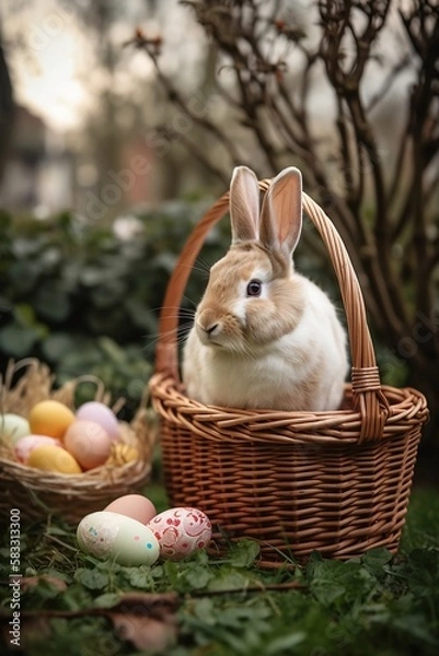 Fototapeta Easter bunny in the Basket with Easter eggs in the garden