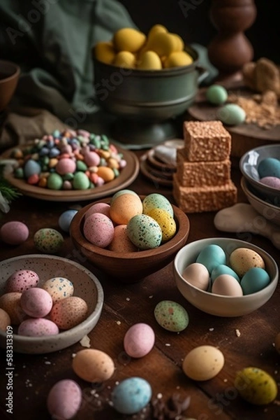 Fototapeta Easter eggs are scattered on the table with easter treats