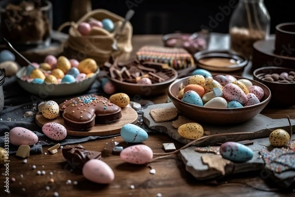 Obraz Easter eggs are scattered on the table with easter treats