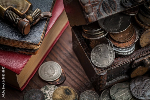 Fototapeta Old coins from around the world from 1940 to the new millennium
