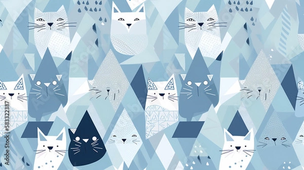 Obraz Abstract blue background with a cat pattern and abstract shapes