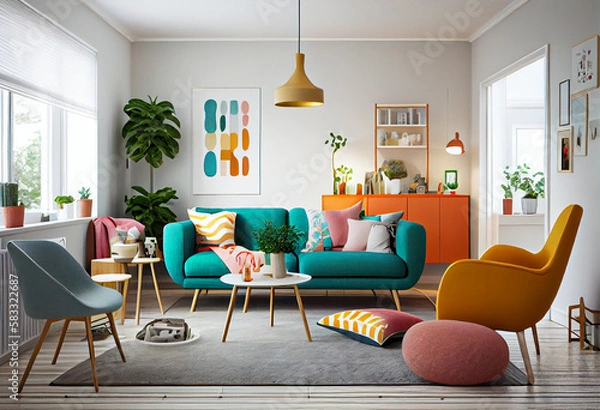 Fototapeta Interior design of a Scandinavian style living room with bold pops of color, playful and lively vibe, comfortable and colorful sofa with pillows, armchairs and rugs | Generative Ai | Indoor décor
