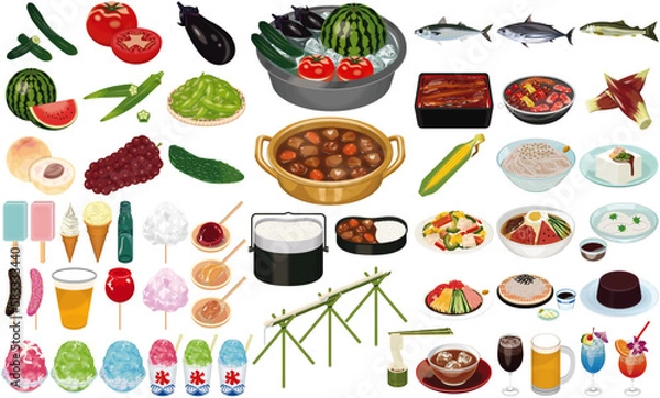 Obraz 夏の食べ物・料理のアイコン①（カレーライス、流しそうめん、かき氷、すいか、夏野菜）