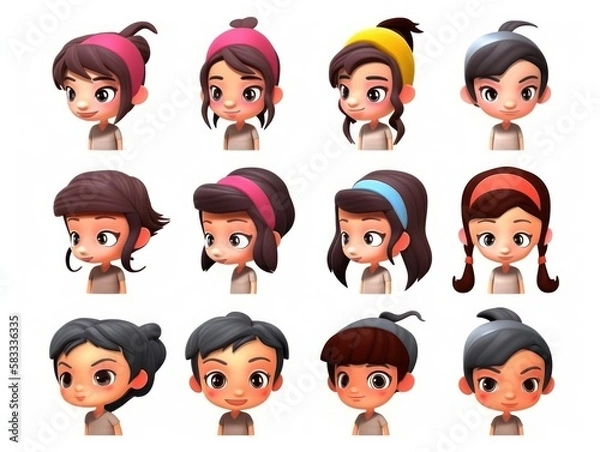 Fototapeta Set face Cartoon cute character. Collection isolated on white background. generative ai