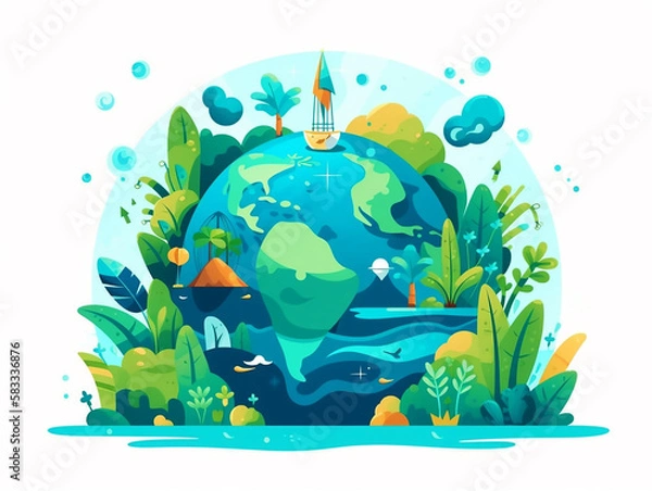 Fototapeta World Environment Day and Earth Day with a focus on a green globe. healthy planet with lush greenery and clear blue waters. Generative AI