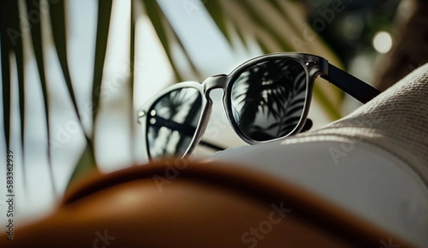 Fototapeta sunglasses in a plastic frame on a background of palm trees, reflected in glasses