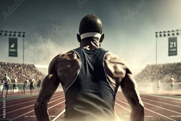 Fototapeta Man athlete in an outdoor stadium, rear view. Healthy young runner in sport outfit. Generative AI