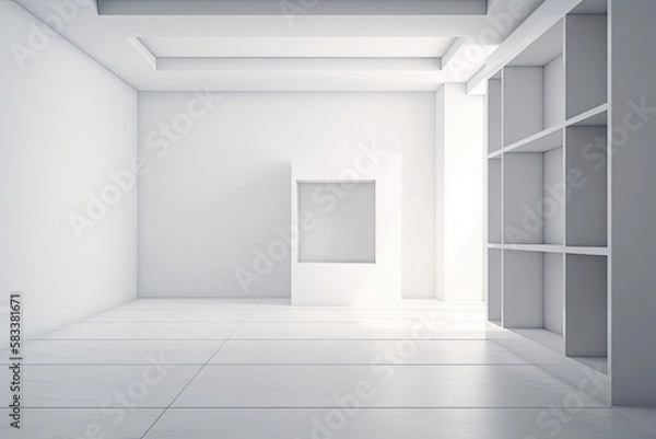 Fototapeta A niche in the center of the wall of the white, empty room. mockup for presentations and commercial tasks. Generative AI