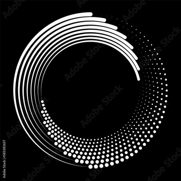 Fototapeta Abstract white frame from lines and dots. Vector circular spiral for design banners, posters, business projects, covers, logos. Geometric black and white texture with halftone effect.