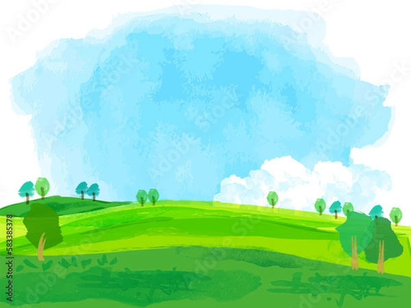 Fototapeta 水彩の草原と青空のフレーム