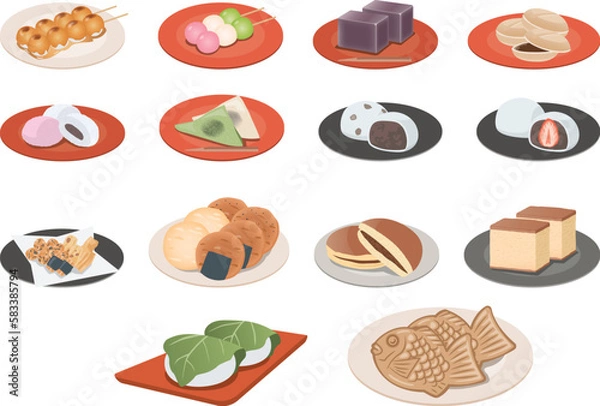 Fototapeta いろいろな和菓子イメージイラストセット