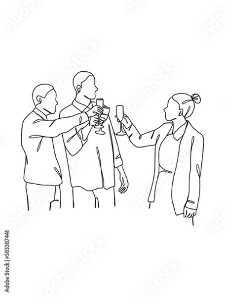 Fototapeta Continuous one line drawing of people cheering glasses of wine. Vector illustration.