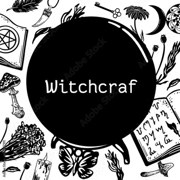 Fototapeta Round teamplay frame on the theme of witchcraft and magic on a black background