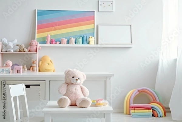 Fototapeta Teddy bear and a rainbow colored plush toy are framed in white on a white desk. Baby nursery painting in pink and blue with a blank horizontal frame mockup and baby kid toys. Generative AI