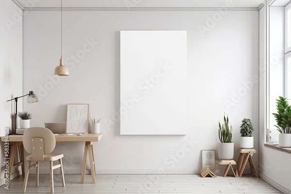 Fototapeta White wall with blank paper canvas sheet poster. mockup with space for copy. Concept for a work of art. Generative AI