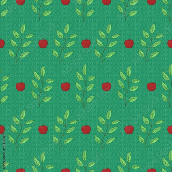 Fototapeta Twigs and green leaf with red apples seamless pattern, Background repeating