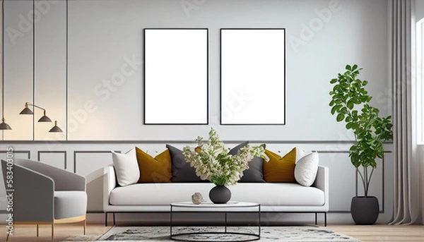Fototapeta Contemporary Design Luxurious Apartment Background with Modern Interior and 3D Mockup Poster Frame on Wall in Living Room