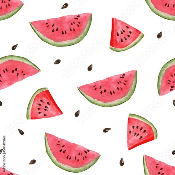 Fototapeta Seamless pattern with watercolor watermelon slices