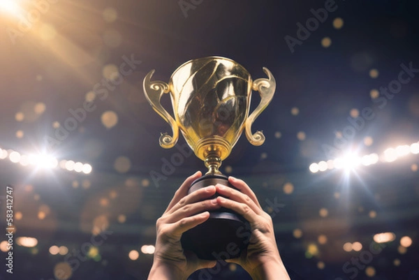 Fototapeta Win concept. Man holding up a gold trophy cup. Winner in a competition in night stadium. Generative AI.