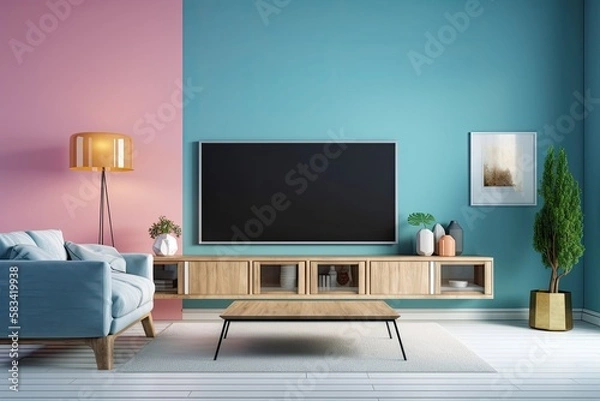 Fototapeta A huge flat screen television is depicted on a white coffee table against a blue pink background. a space for leisure at home. Generative AI