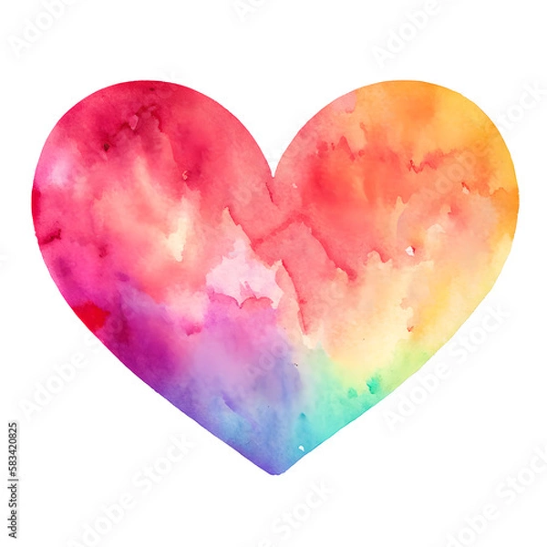 Fototapeta Watercolor art print of a heart filled with vibrant rainbow colors, showcasing a blend of hues in a soft, artistic style.  