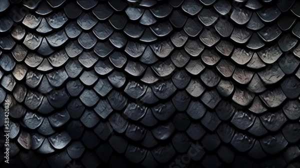 Fototapeta Black scales. Dragon, snake, lizard scale pattern Generative AI