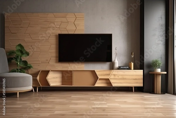 Fototapeta Japanese style wooden floor and tv cabinet with wooden hexagonal tiles on the wall. Generative AI
