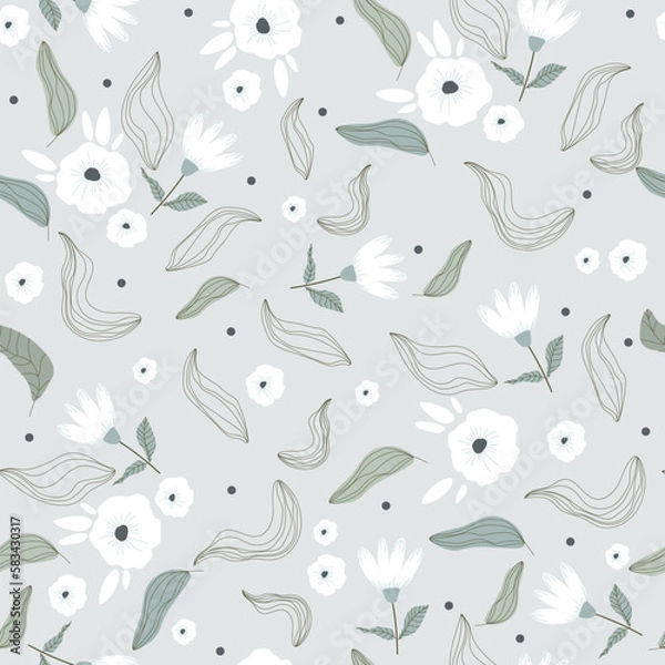 Fototapeta Garden flower, plant, botanical, seamless vector design for fashion, fabric, wallpaper and all prints on gray background. Cute pattern in a small flower. Small white flowers.