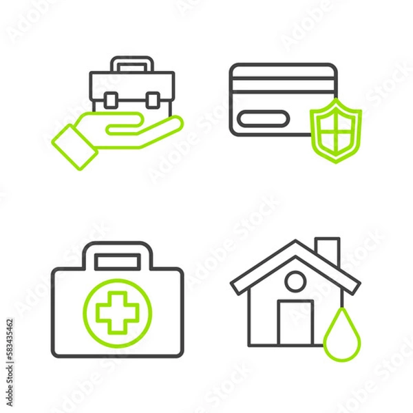 Fototapeta Set line House flood, First aid kit, Credit card with shield and Hand holding briefcase icon. Vector
