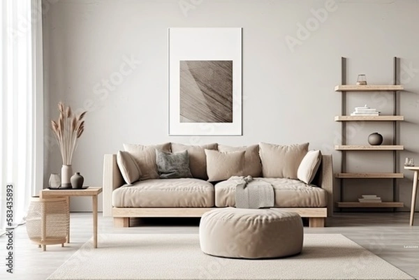 Fototapeta Modern home décor includes a stylish interior with a design neutral modular sofa, mock up poster frames, coffee tables, wooden trays, books, decorations, slippers, and other attractive personal items