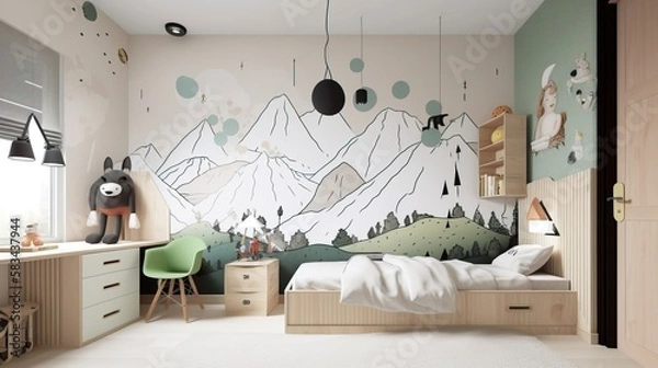 Fototapeta Creative and bright eco design of a children's room. Bright fantasy wallpaper on the wall of baby room. Adventure theme. Generative AI illustration.