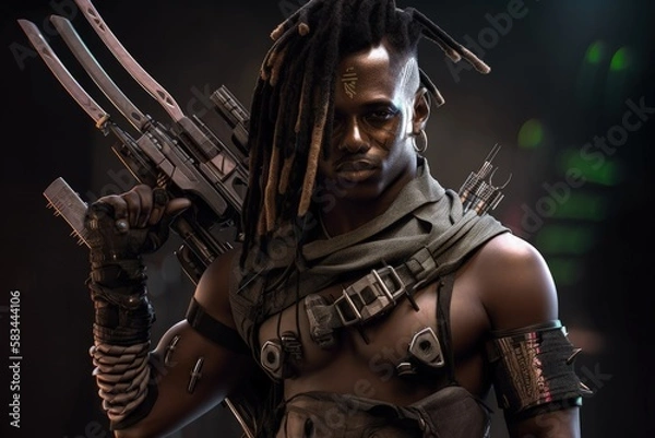 Fototapeta a black Futuristic Cyberpunk Tribal Warrior generative ai illustration 