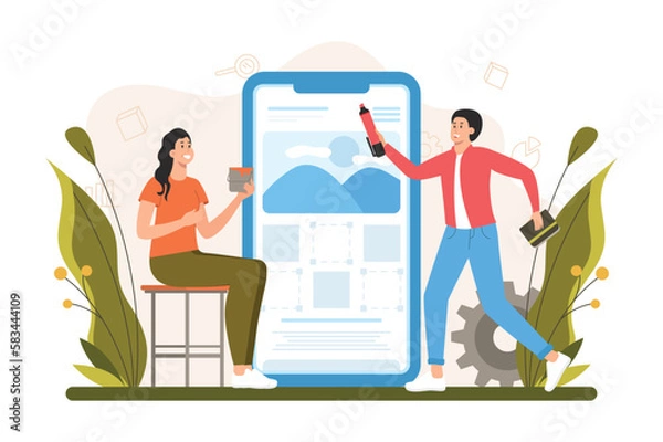 Fototapeta Design studio color concept with people scene in the flat cartoon style. Team of creative designers create new big project on the studio. Vector illustration.