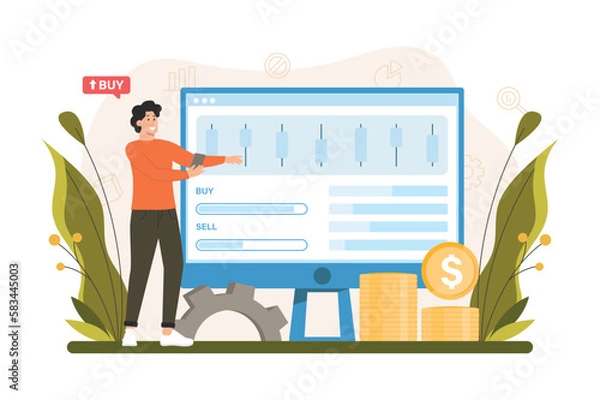 Obraz Stock market color concept with people scene in the flat cartoon style. Economist presents the results of changes in the stock market. Vector illustration.