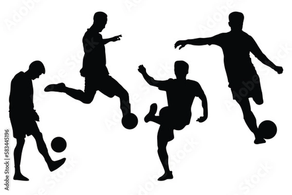 Fototapeta Football silhouette illustration  players, goalkeeper, team champion with cup, soccer ball in various poses, vector isolated on white background
