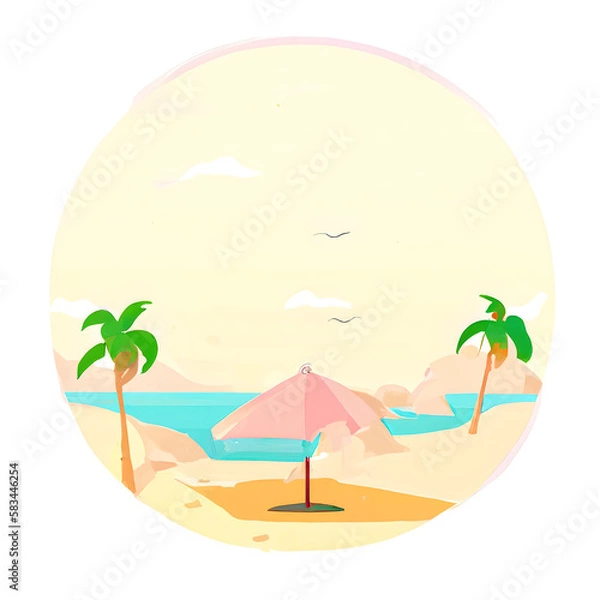 Fototapeta Summertime vector banner design with a white circle and colorful beach elements 
