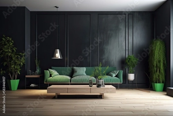 Fototapeta a contemporary mockup of a furnished empty living room with a black wall background texture,. Generative AI