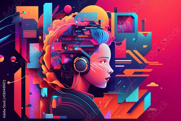 Obraz The concept of artificial intelligence. A woman's head in profile and microchips on black background. The invention of robots is a trendy illustration. Generative AI art.