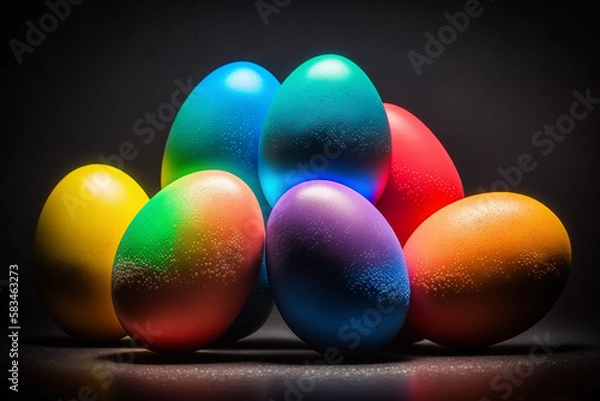 Fototapeta colorful easter eggs on a black background, generative AI