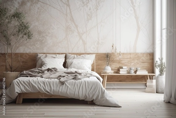 Fototapeta empty wooden desk, shelf, or table with a blurred view of a traditional white bedroom's wallpaper, bed with a comforter, side tables, chair, and decorations. Generative AI