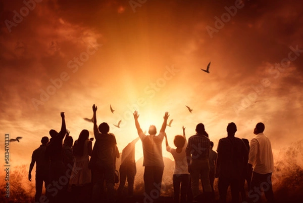 Obraz On Pentecost the Holy Spirit will descend on them. A lot of people have gathered together. Generative AI