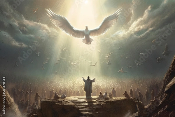 Obraz On Pentecost the Holy Spirit will descend on them. A lot of people have gathered together. Generative AI
