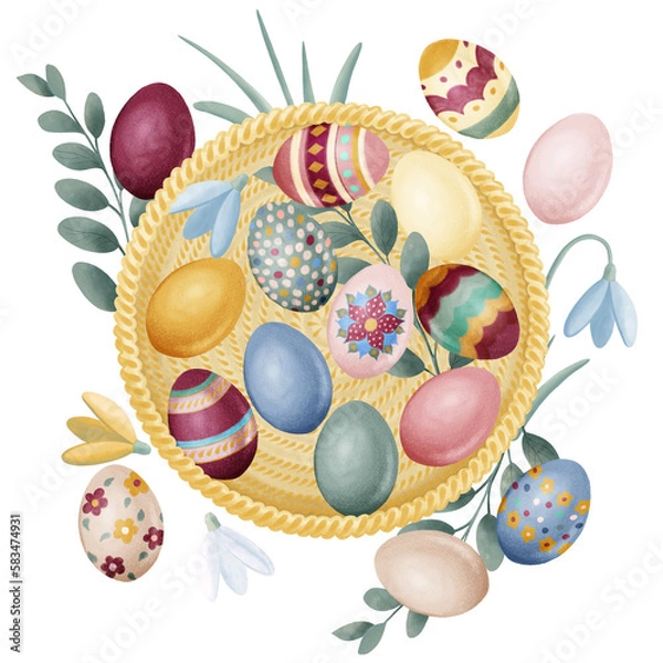Fototapeta Digital illustration of colorful Easter eggs and spring greens inside and outside of the round wicker basket, top view. Stylized decorative symbol of Easter. Hand-drawn clipart in a watercolor style