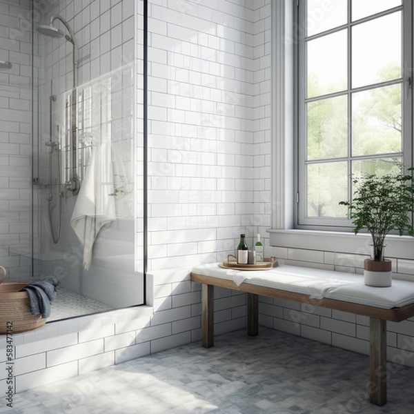 Fototapeta Marble vanity counter, shower bench in white subway tile wall modern luxury shower bathroom, reeded glass partition, plant in sunlight from backyard window for interior design product background 3D