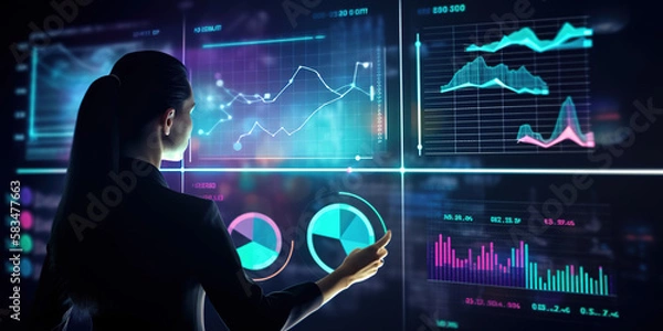 Fototapeta Data Science researcher: Creating Data Visualization Dashboard with Futuristic Computer Screen in Digital Art Style. generative ai.